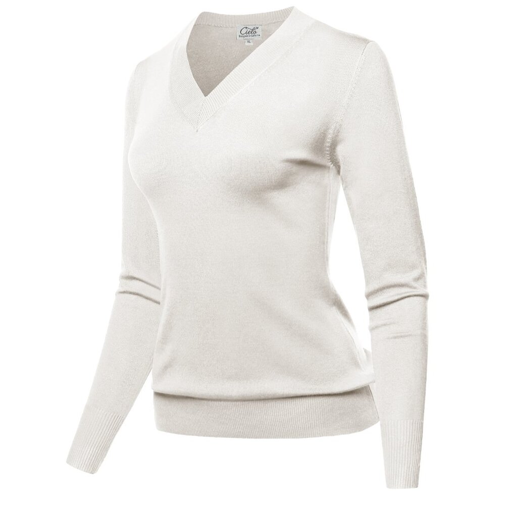 Cielo White V-Neck Sweater Soft Viscose Blend Pullover Knit Top Women’s XL NWT
